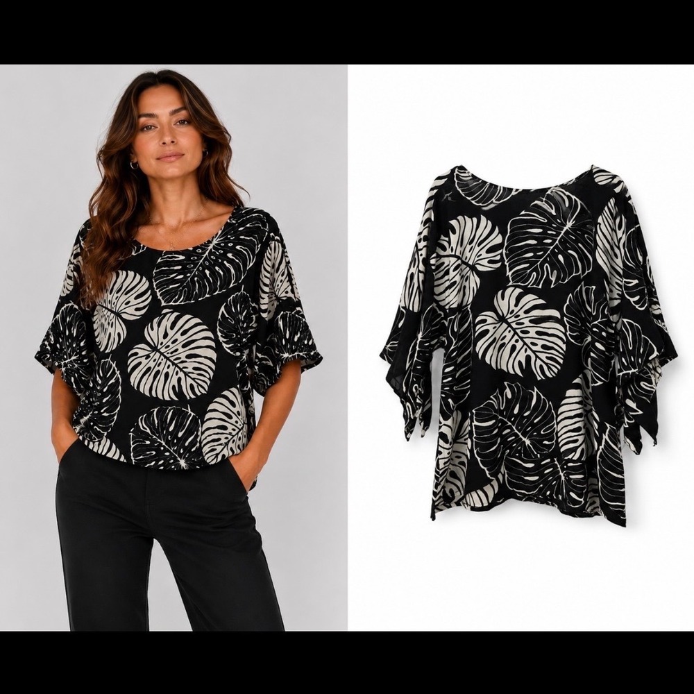 Unbranded Monsteraโ Leaf Print Top Women L Black White Excellent Oversized Boho